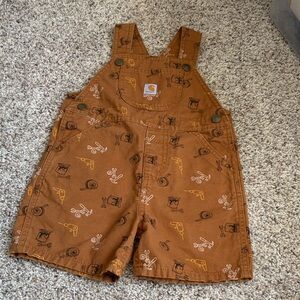 Carhartt Brown Tool-Print Short Overalls with Yellow Accents